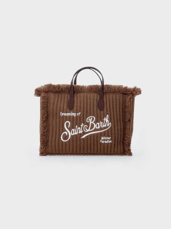 Brown rib knit Colette handbag with logo embroidery