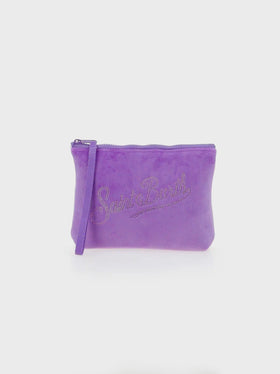 Aline lilac velvet pochette with Saint Barth rhinestone logo