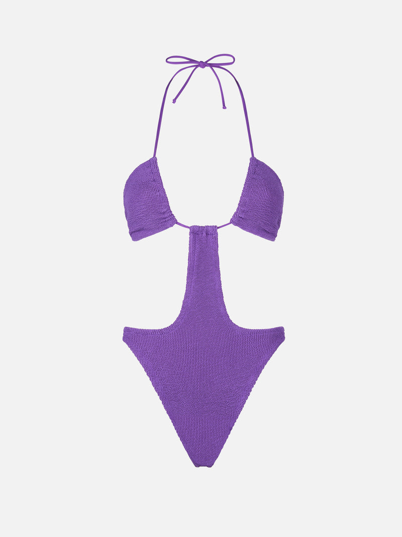 Purple crinkle trikini swimsuit