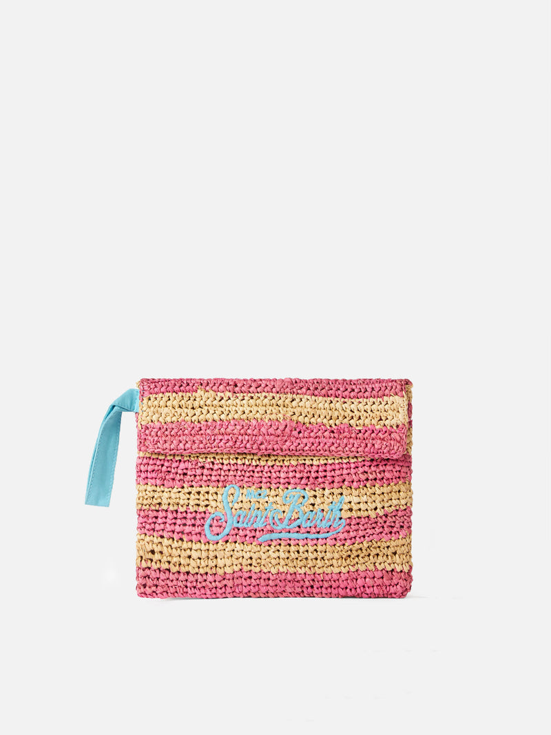 Raffia striped pouch bag with Saint Barth embroidery