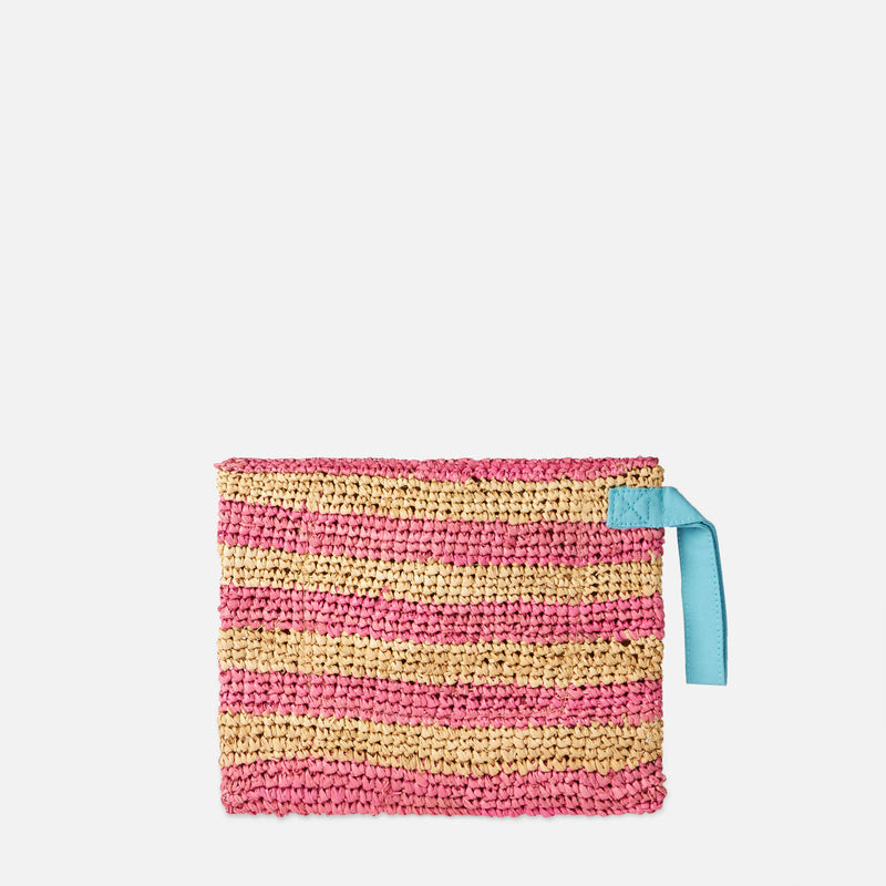 Raffia striped pouch bag with Saint Barth embroidery