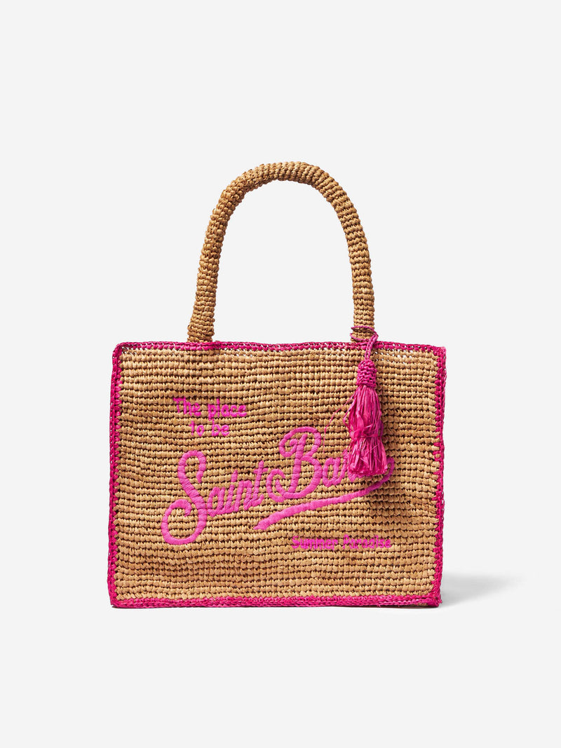 Raffia bag with fuchsia front embroidery