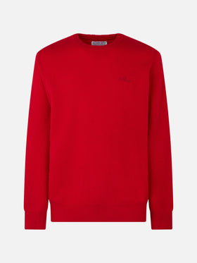 Roter Herrenpullover mit Rundhalsausschnitt und St. Barth-Stickerei