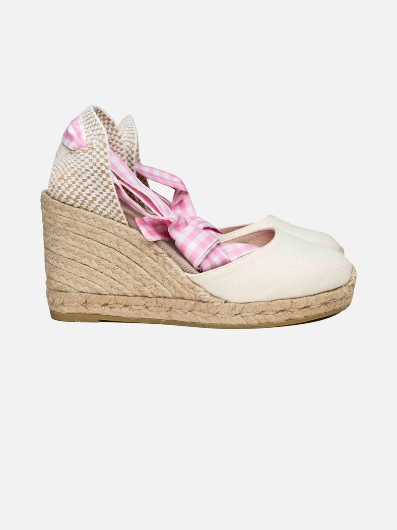 Espadrillas in canvas stampa naturale con zeppa alta e laccio alla caviglia