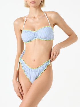 Damen-Bandeau-Bikini aus Seersucker mit Streifendruck