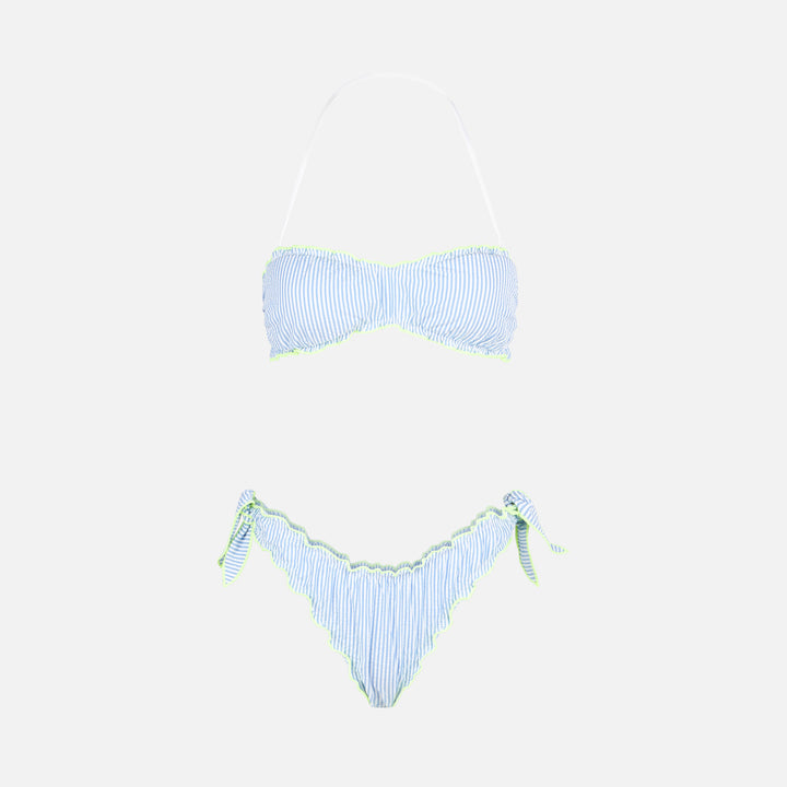 Damen-Bandeau-Bikini aus Seersucker mit Streifendruck