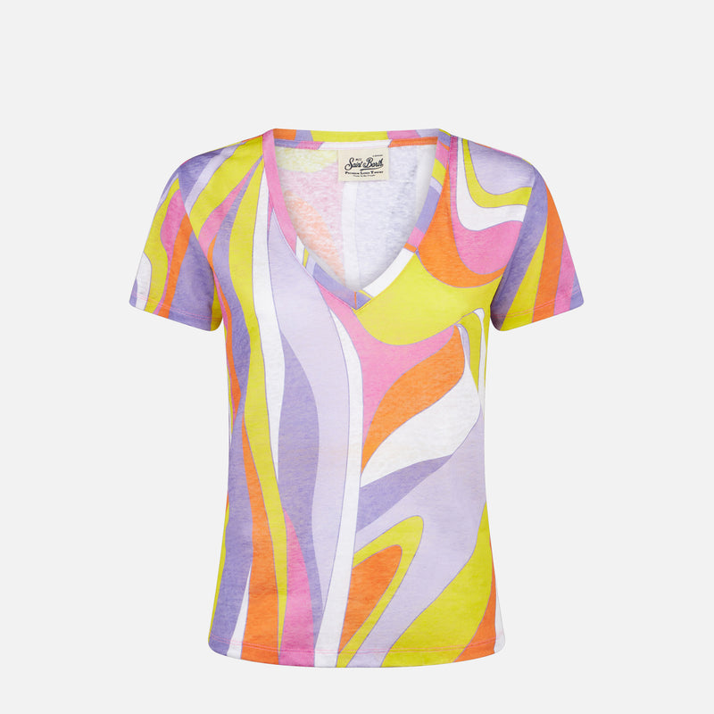 T-shirt da donna in lino con stampa onde