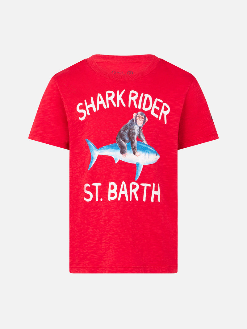 Rotes Jungen-T-Shirt mit Hai-Reiter-St-Barth-Aufdruck