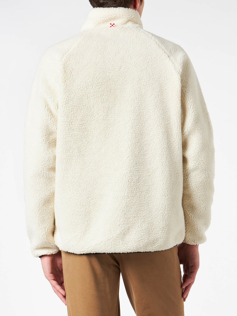 Man white sherpa jacket with check patch pockets