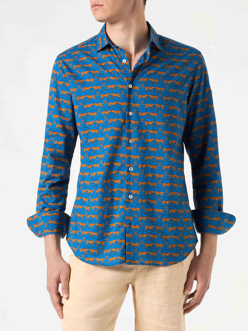 Man muslin cotton Sikelia shirt with wild cat print