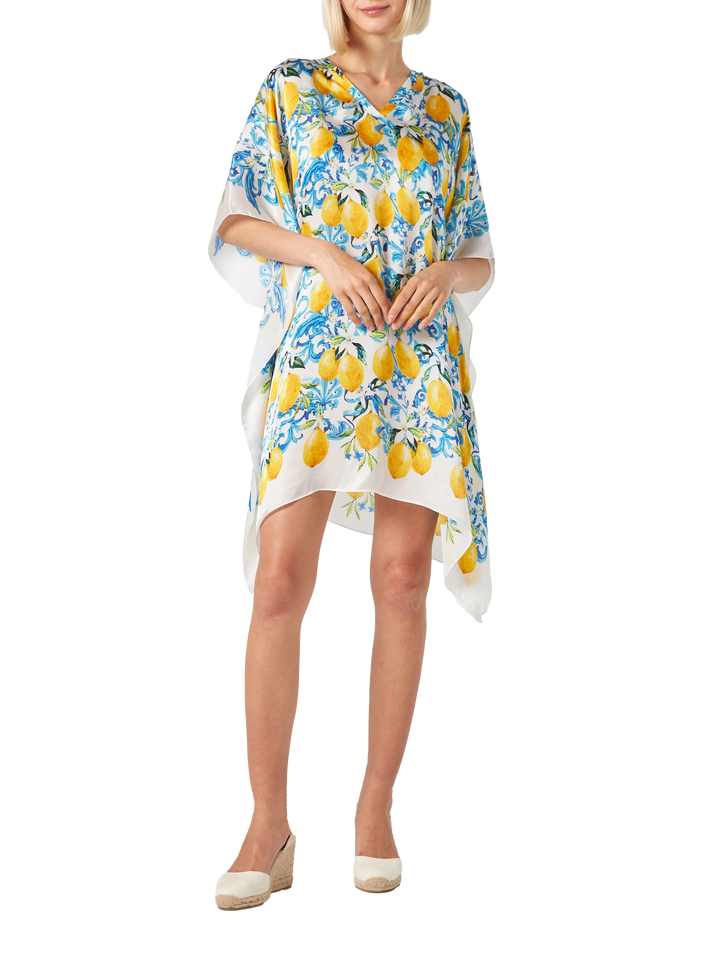 Seidenkaftan mit Zitronen- und Maiolika-Print