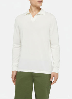 Sloan white buttonless knitted polo shirt with long sleeves