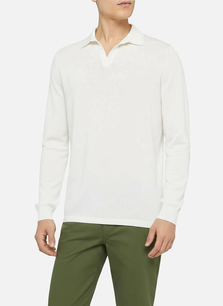 Sloan white buttonless knitted polo shirt with long sleeves