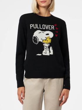 Schwarzer Damenpullover mit Rundhalsausschnitt und Snoopy- und Woodstock-Aufdruck | SNOOPY PEANUTS™ SONDEREDITION