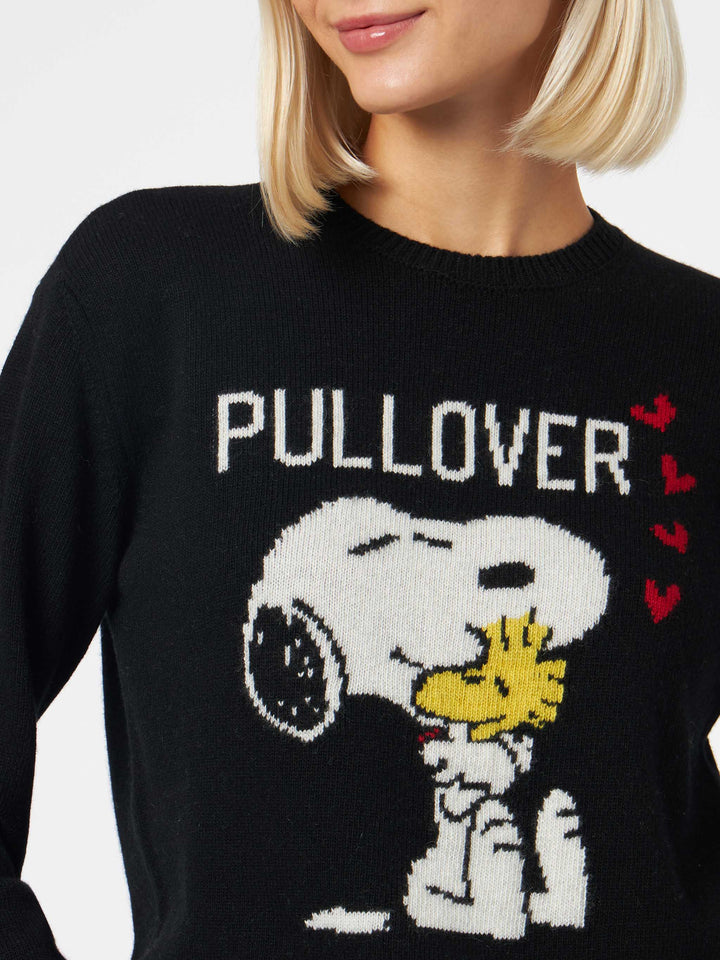 Schwarzer Damenpullover mit Rundhalsausschnitt und Snoopy- und Woodstock-Aufdruck | SNOOPY PEANUTS™ SONDEREDITION