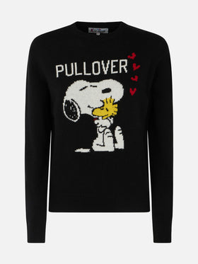 Schwarzer Damenpullover mit Rundhalsausschnitt und Snoopy- und Woodstock-Aufdruck | SNOOPY PEANUTS™ SONDEREDITION