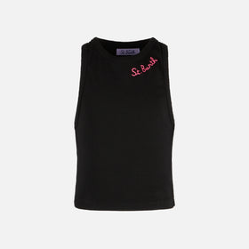 Canotta crop in cotone con ricamo St. Barth