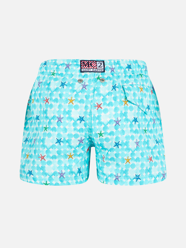 Boy light blue swim shorts with starfish print and comfort fabric