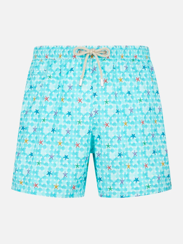 Bequeme Herren-Badeshorts aus leichtem Stoff mit Seestern-Print