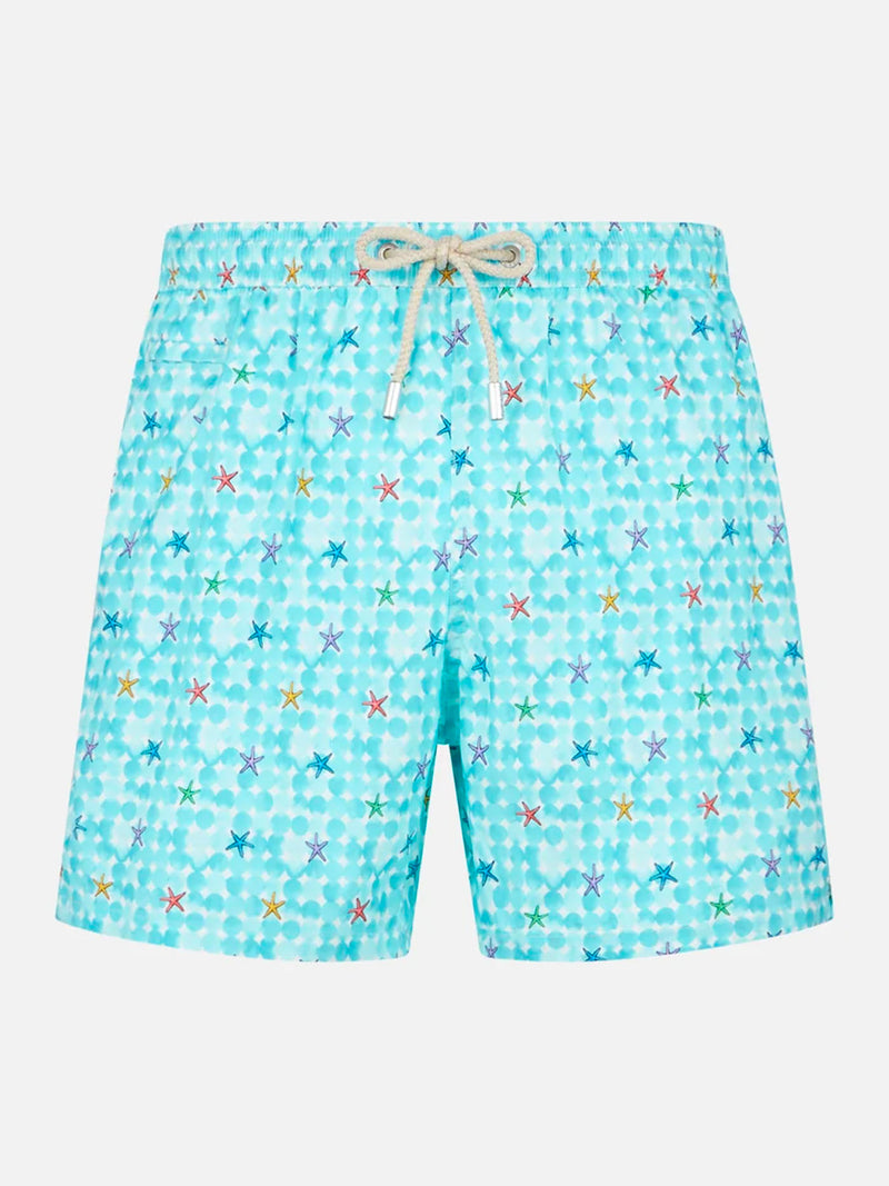 Bequeme Herren-Badeshorts aus leichtem Stoff mit Seestern-Print