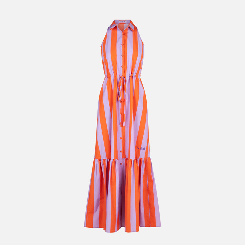 Woman halterneck dress with striped print