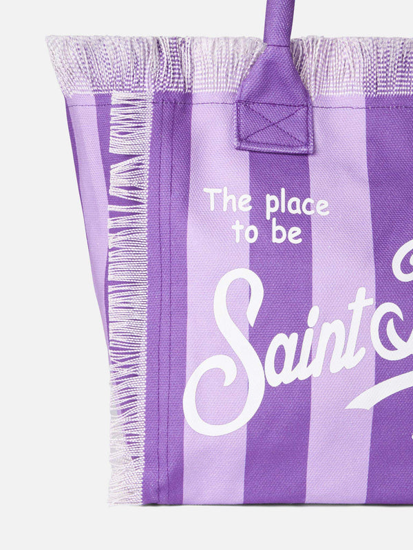 Vanity canvas shoulder bag with lilac and purple stripes