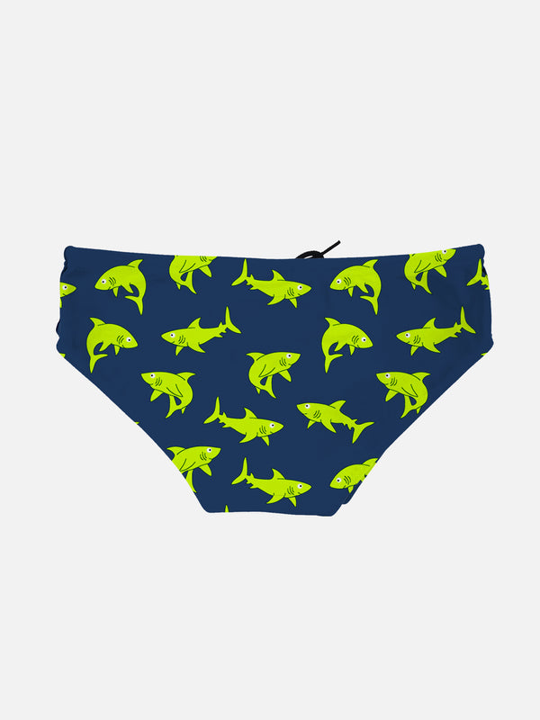 Boy swim briefs with sharks all over print