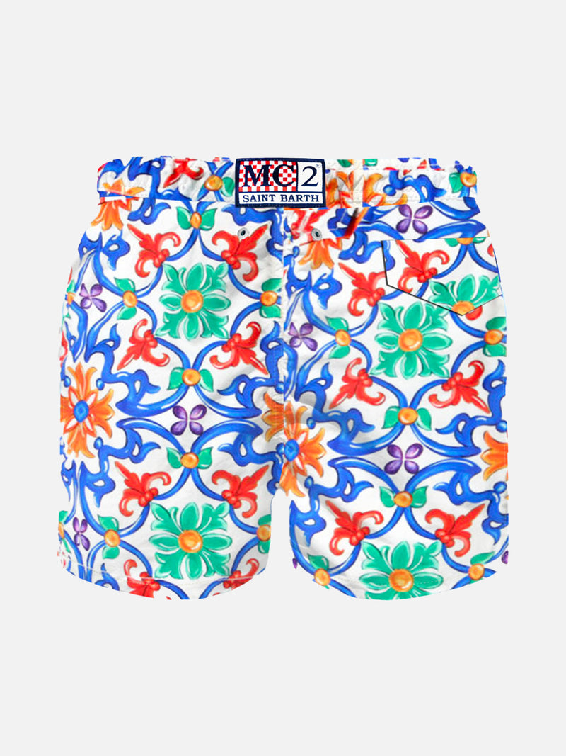 Majolica print boy light fabric swim shorts