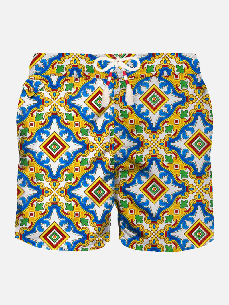 Man light fabric swim shorts with majolica print