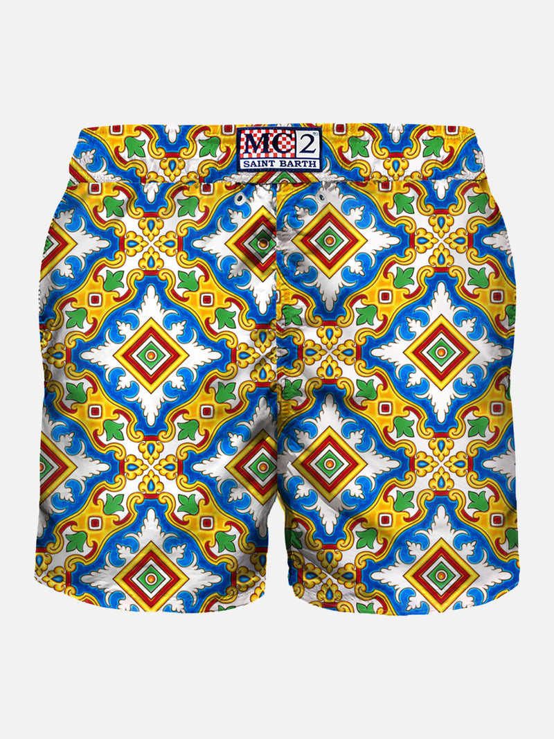 Man light fabric swim shorts with majolica print