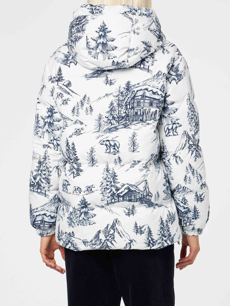 Damen-Daunenjacke mit Kapuze und Toile-de-Jouy-Print