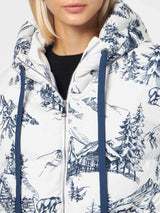 Damen-Daunenjacke mit Kapuze und Toile-de-Jouy-Print