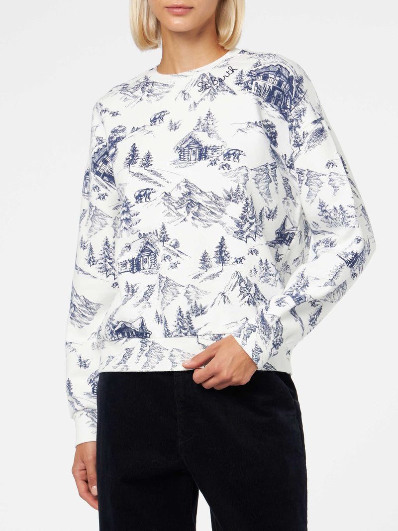 Woman fleece sweatshirt with toile de jouy print