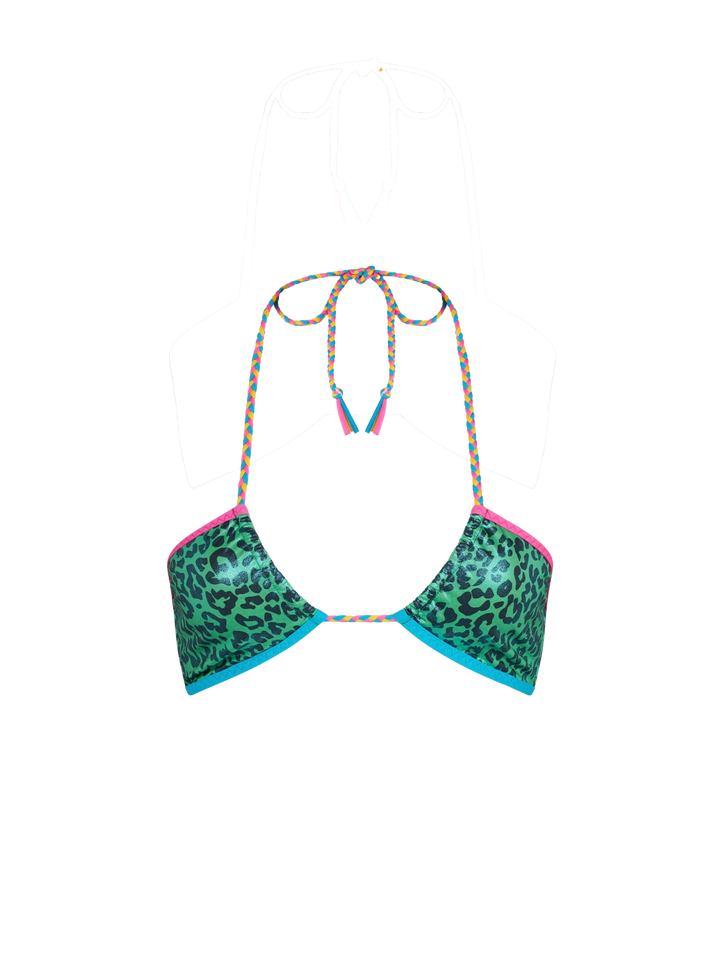 Grünes Bandeau-Top mit Leopardenmuster und Paspelierung