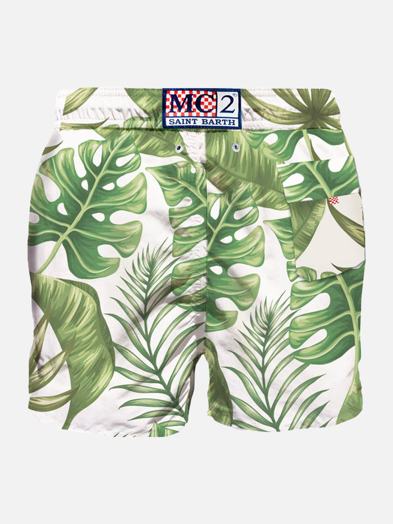 Tropical print mid-length swim shorts