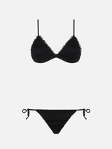 Bikini a triangolo nero risvolto con tulle lucido nero