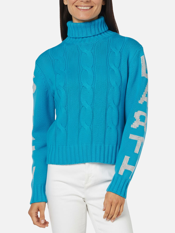 Woman turtleneck braided sweater with Saint Barth jacquard