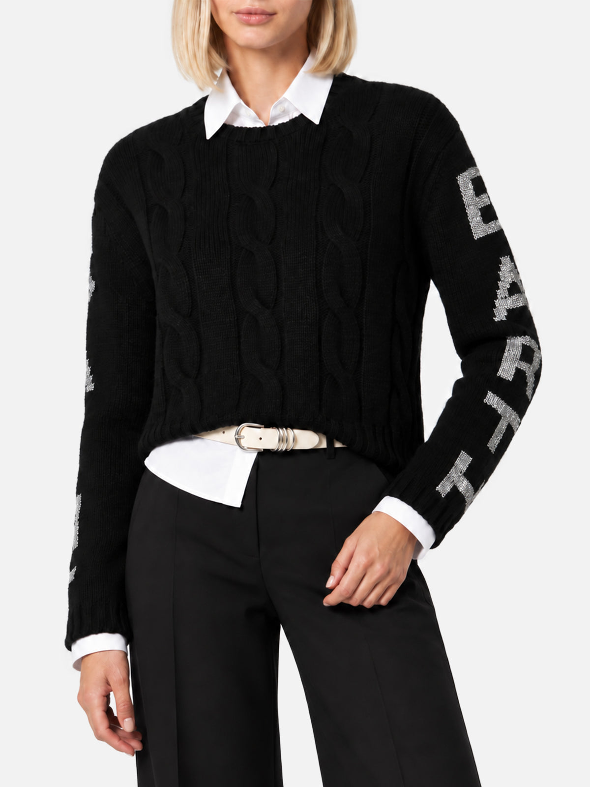 Schwarzer Kabelstrickpullover Malmo mit Lurex-Logo 