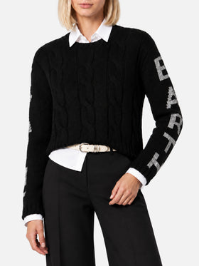 Schwarzer Kabelstrickpullover Malmo mit Lurex-Logo 