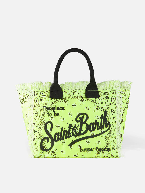 Vanity canvas shoulder bag with fluo yellow bandanna print