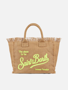 Borsa a spalla Vanity in juta naturale con logo ricamato