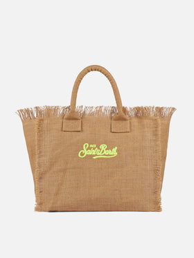 Borsa a spalla Vanity in juta naturale con logo ricamato