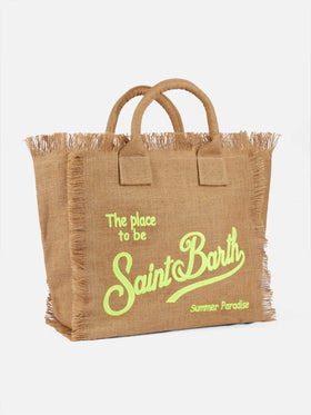 Borsa a spalla Vanity in juta naturale con logo ricamato