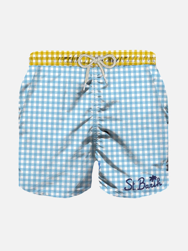 Hellblaue Badeshorts für Jungen mit Gingham-Karomuster und Stickerei