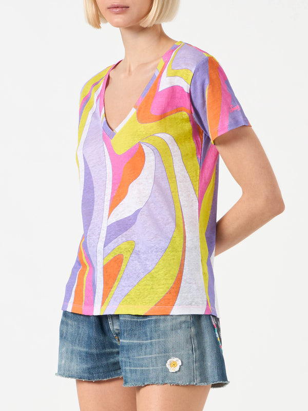 T-shirt da donna in lino con stampa onde