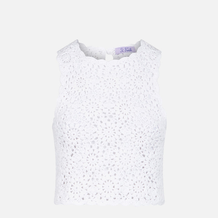 Top Medison in crochet bianco con fiori
