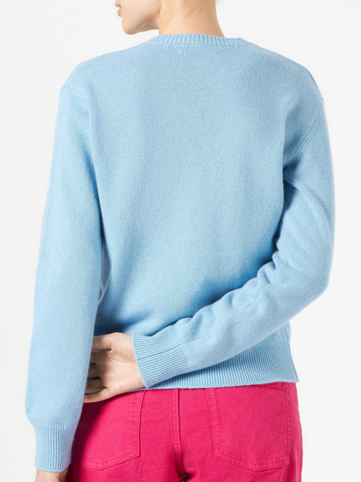 Woman crewneck light blue sweater with Compulsive Shopper jacquard