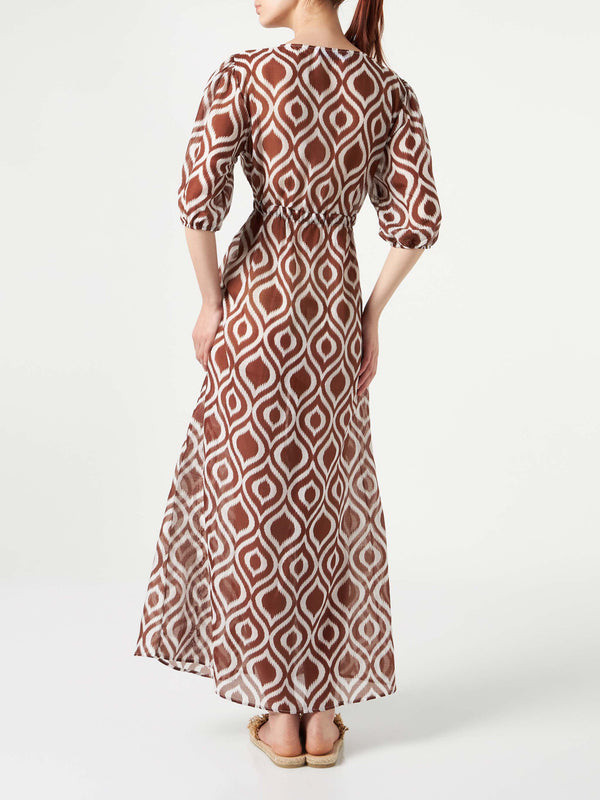 Langes Strandkleid Bliss aus Baumwolle und Seide mit Ikat-Print