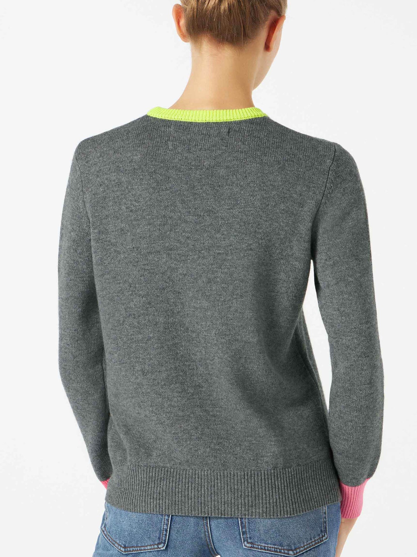 Maglione da donna grigio ricamo GIRL PWR fluo e dettagli fluo