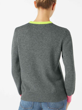 Maglione da donna grigio ricamo GIRL PWR fluo e dettagli fluo